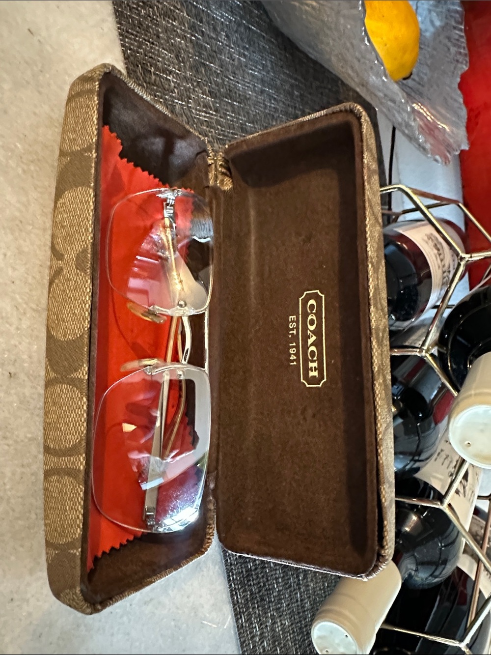 Vintage Coach Rimless Glasses with Brown Signature Case & Clear/grey Lenses